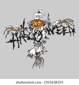 Spooky scarecrow pumpkin Halloween party celebration. Halloween poster background graphic. 