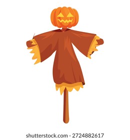 Espantapájaros espeluznantes con cabeza de calabaza de pie en el campo, celebrando Halloween