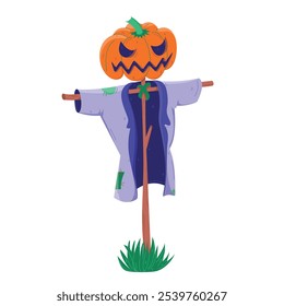 Spooky Scarecrow with Pumpkin Head and Torn Clothes, Halloween Decoration