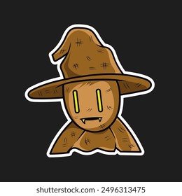 Spooky Scarecrow Sticker: A cartoon scarecrow with glowing eyes and a mischievous grin, perfect for Halloween designs.