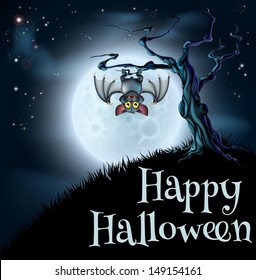 A spooky scary blue Halloween background scene and vampire bat hanging from spooky tree and full moon in the background