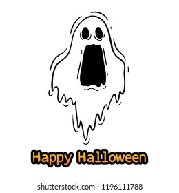 spooky or scary ghost with happy halloween text using doodle style