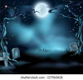 A spooky scary Halloween background scene with full moon, graves and scary trees