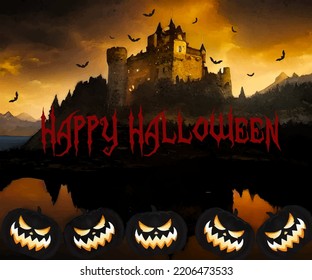 Spooky and scary Halloween images and vector pumpkins background, illustration for multimedia content or halloween card.