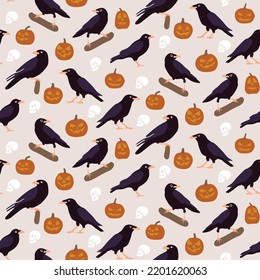 Spooky scary Halloween raven skull crow seamless pattern on bright background. Digital vector repeat pattern.