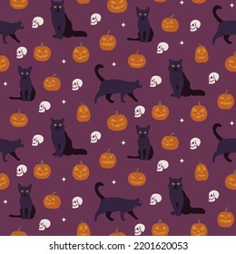 Spooky scary Halloween seamless pattern on purple violet background. Digital vector repeat pattern. Cats, pumpkins pumpkin skulls.