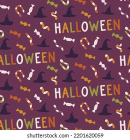 Spooky scary Halloween seamless pattern on purple violet background. Digital vector repeat pattern.