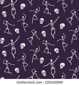 Spooky scary Halloween seamless pattern on dark blue background. Digital vector repeat pattern. Dancing dance skeleton skeletons skull