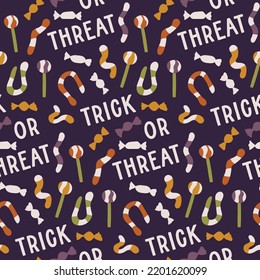 Spooky scary Halloween seamless pattern on dark blue background. Digital vector repeat pattern. Trick or threat candies candy.