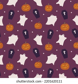 Spooky scary Halloween seamless pattern on purple violet background. Digital vector repeat pattern.