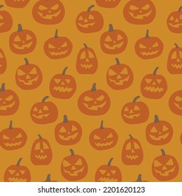 Spooky scary Halloween seamless pattern on yellow orange background. Digital vector repeat pattern. Pumpkin, pumpkins.