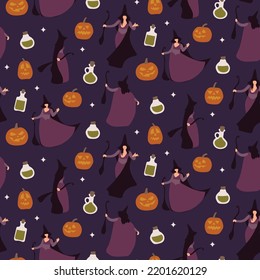 Espectacular y temible patrón de Halloween sin fisuras sobre fondo azul oscuro. Patrón de repetición vectorial digital. Brujas, calabaza, poción mágica.