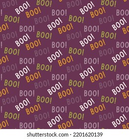 Spooky scary Halloween seamless pattern on purple violet background. Digital vector repeat pattern. Boo colourful letters.