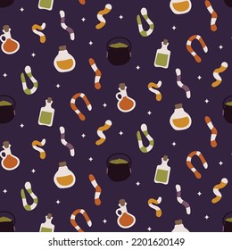 Spooky scary Halloween seamless pattern on dark blue background. Digital vector repeat pattern. Candies, magic potion.