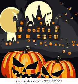 Spooky scary Halloween vector images and pictures with pumpkins, bats, illustration and background for multimedia content or halloween card and posters