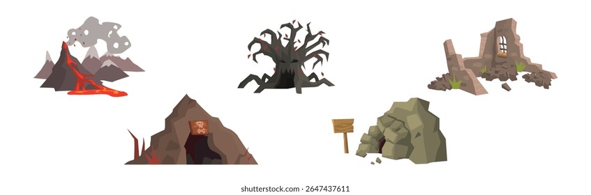 Conjunto de Vector de Elementos de terreno de paisaje espeluznante y aterrador