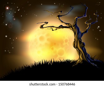 A spooky scary orange Halloween background scene with full moon, clouds, hill, and scary tree