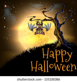 A spooky scary orange Halloween background scene and vampire bat hanging from spooky tree and full moon in the background