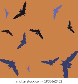Spooky Scary Retro Chaos Flying Bats Art Pattern. Violet Purple Print Gothic Halloween Modern Design. Eyes Orange Creepy Black Motion Bats Vector Background. Colorful Night Sky Attack Background.