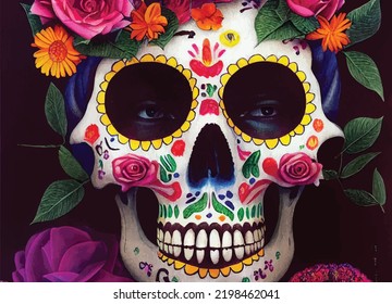 A spooky, scary skull of "Dia de los muertos" with eyes, bright colours, abstract, artistic drawing.