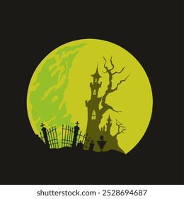 A spooky scene features a silhouette of a haunted castle atop a hill, by a large, eerie green moon. Gnarled trees and a jagged graveyard fence enhance the haunting atmosphere, perfect for Halloween