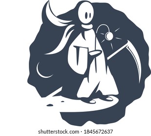 Spooky scene. Funny death with a scythe and lamp at night.