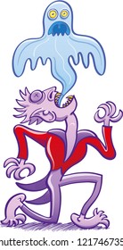 Spooky scene showing a dying vampire opening his mouth, contorting and suffering a painful transformation consisting on expelling a blue ghost
