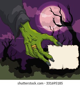 Spooky scene with witch green hand holding a little stamp in spooky scene with moon.