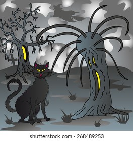Spooky scenery with cat - vector illustration.