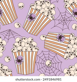 Spooky scull popcorn vector seamless pattern. Halloween treat background.