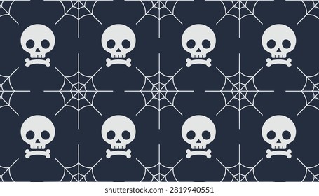 Spooky seamless background pattern of white cartoon skulls and spider webs on a dark navy blue surface.
