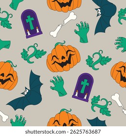 Ein gespenstisches, nahtloses Halloween-Muster im handgezeichneten Stil mit Fledermäusen, Geistern, Hexen, Kürbissen und mehr. Perfekt für saisonale Produkte, Verpackungspapier, Textilien und kreative Designprojekte.