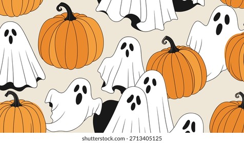 Spooky nahtlose Halloween-Muster zeigt eine Reihe von Cartoon-Geistern und lächelnden Kürbissen auf einem warmen hellbeigen Hintergrund.