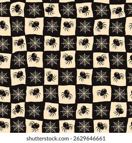 Spooky Seamless Halloween Pattern with Spider Web in Hand Drawn Style. Doodle arachnid web perfect for cards, party invitations, web, fashion, print