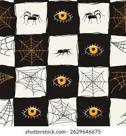 Spooky Seamless Halloween Pattern with Spider Web and Eyes in Hand Drawn Style. Doodle arachnid web perfect for cards, party invitations, web, fashion, print