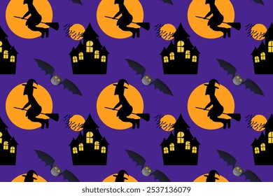 Spooky seamless Halloween pattern with witches on broomsticks, haunted castles, bats, and a full moon on a purple background. Perfect for Halloween decor.