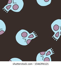 Spooky seamless pattern of cartoon human skull drawing on black background for decoration. Halloween, day of the dead design for textile, wallpaper, wrapping paper, fabric. Stock vector illustration