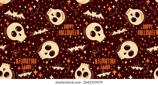 Spooky seamless pattern with cute illustrated skulls, bats, and HAPPY HALLOWEEN text. Fun and festive design on a dark background with stars. Vector file format.