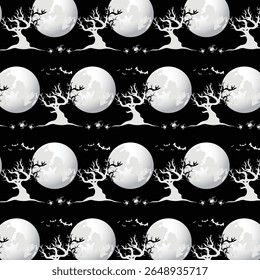 A spooky, seamless pattern featuring full moons, twisted trees, and flying bats, perfect for Halloween and other eerie themes.
