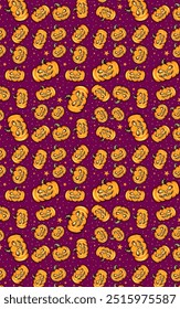 spooky and seamless pattern featuring orange pumpkins with scary faces on a purple background. Perfect for Halloween-themed designs, invitations, and party decorations.