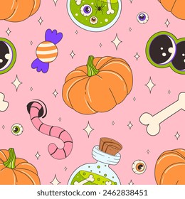 Spooky seamless pattern for Halloween. Halloween night. Pattern with pumpkins, worm, eyes, bones, candies, elixir, and stars on a pink background. Halloween pattern