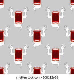 Spooky seamless pattern. Terrible howling wraith background. Monster scares ornament. Ghost with open mouth screams. Mysterious phantom texture
