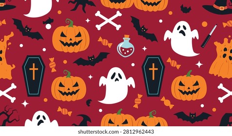Spooky seamless vector pattern with Halloween characters featuring scary ghosts, bats, coffins and jack-o-lanterns.