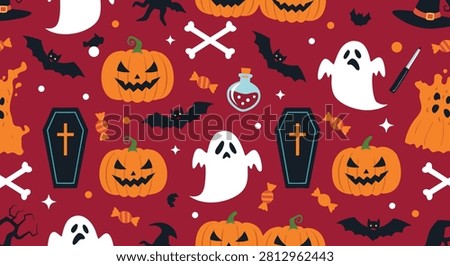 Spooky seamless vector pattern with Halloween characters featuring scary ghosts, bats, coffins and jack-o-lanterns.