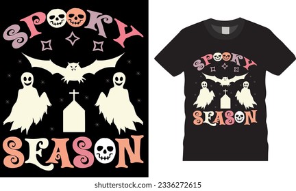 Spooky Season 31 Octubre Halloween gráfico plantilla de diseño de camisetas. Tipografía de camisetas de Halloween fantasma retro y diseño de camisetas personalizadas. Diseño de Camisas de Halloween listo para imprimir, hombres mujeres y niños.