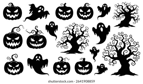 Spooky Season Collection of Halloween Vector Icons Featuring Pumpkins Ghosts and Creepy Trees