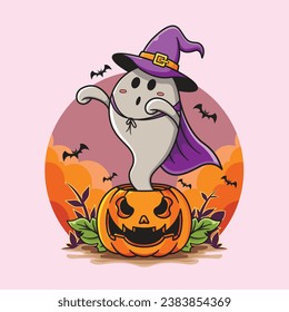 Spooky season, Cute ghost flying with hat witch hiding in the scary pumpkin halloween, vector illustration for t-shirt, sticker, or apparel merchandise.