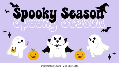 Spooky season. Cute Ghost with pumpkin and bat for Halloween. vector Illustrations and banner template isolated on the Background. 