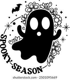 spooky season floral ghost halloween black vector graphic design and cut file