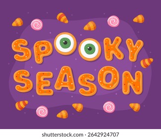 Spooky Season. Halloween greeting card, orange halloween gingerbreads on a purple background. Halloween sweets, scary eyes, candy.